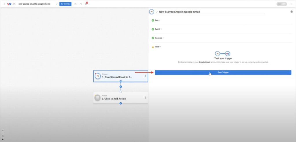 Use the “Test Trigger” button to pull in a sample starred Gmail message.