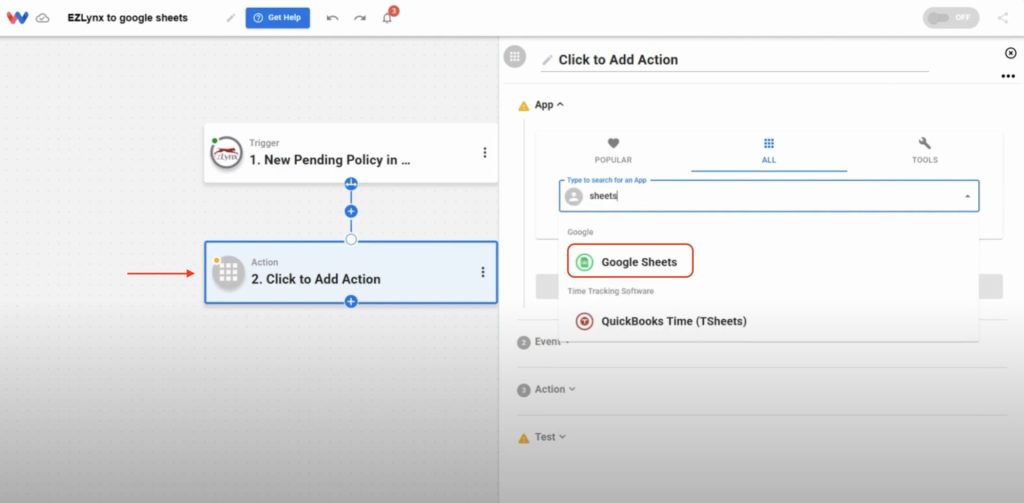 Search for and select Google Sheets as the Action App to receive and store data when you sync EZLynx pending policies.