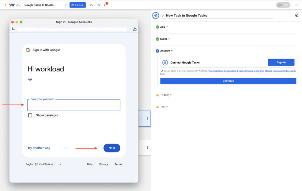Typing in Google account password to finalize the app connection