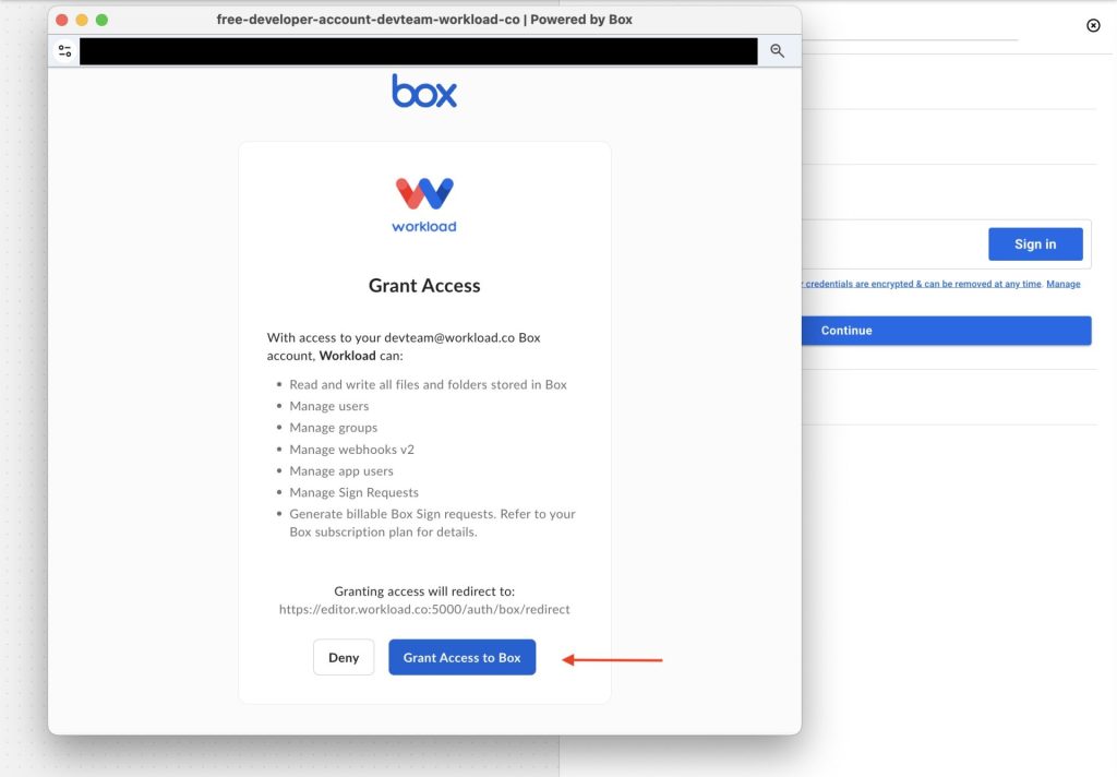 Box permission screen within the Workload builder showing Grant Access to Box button highlighted.
