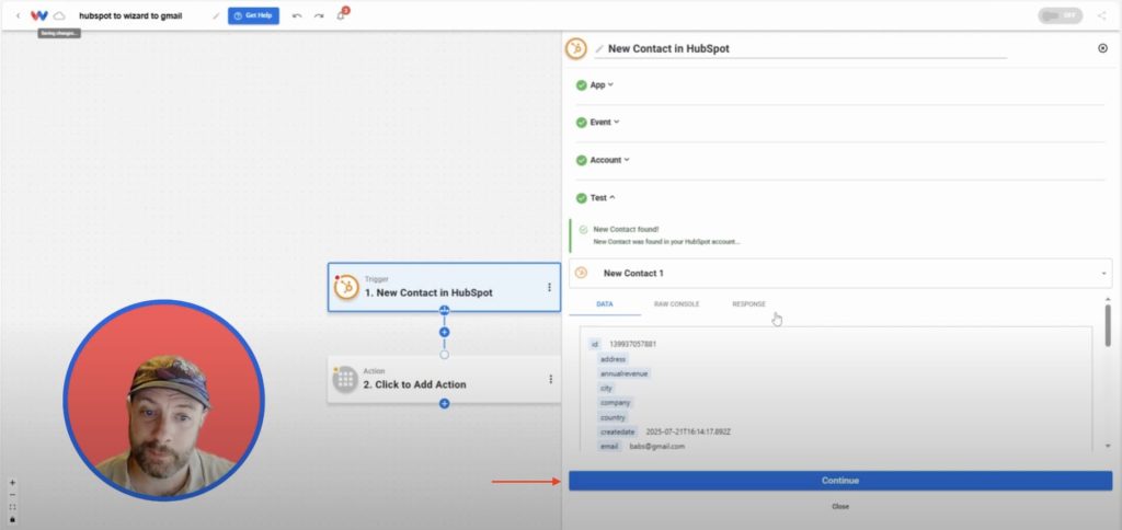 Workload test results showing a new HubSpot contact found, ready to Send Personalized HubSpot Emails.