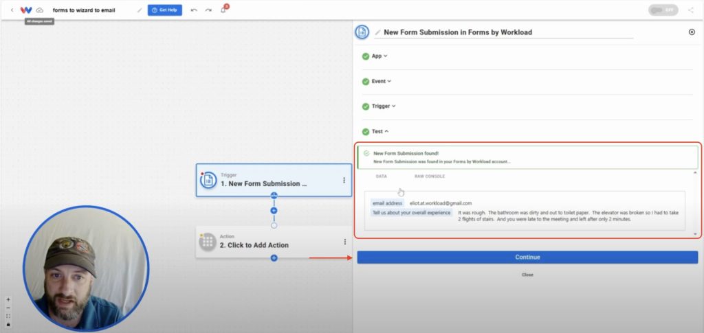 Viewing successful test data from a new form submission inside Workload.