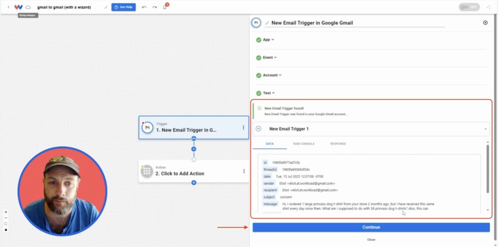 Viewing sample email data in Workload after triggering the Automatically Reply to Gmail Messages workflow.
