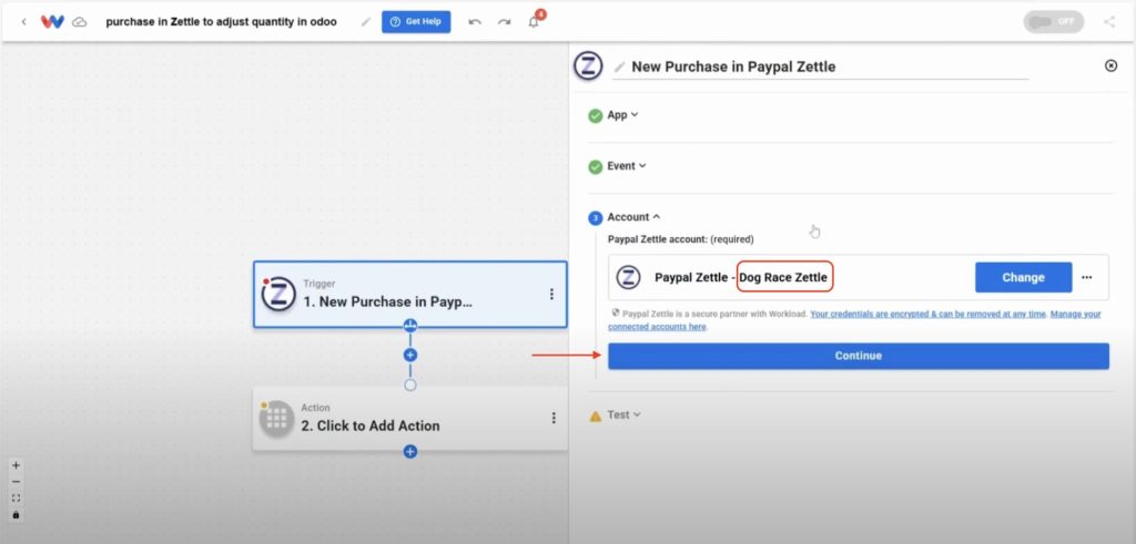 Connection successful—Link Zettle by PayPal is complete and selected in the Account field.
