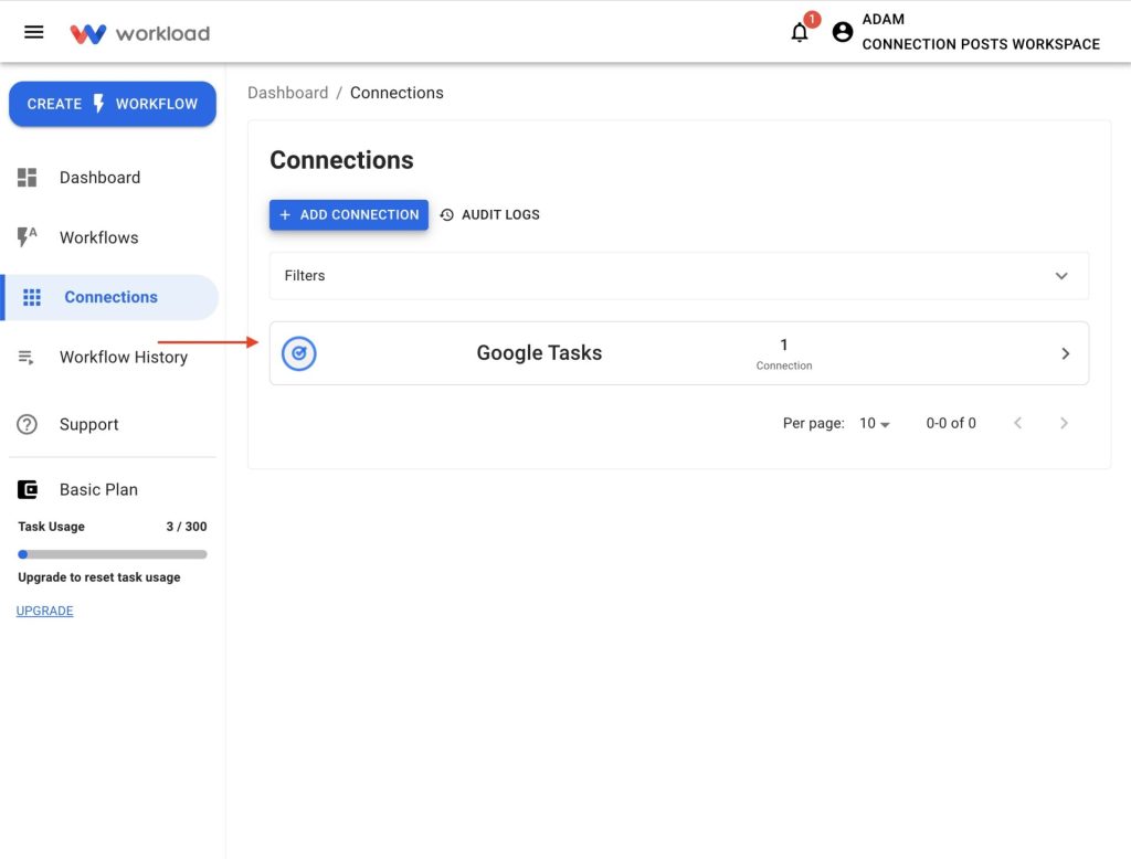 Successful screen showing Connect Google Tasks to Workload active connection.