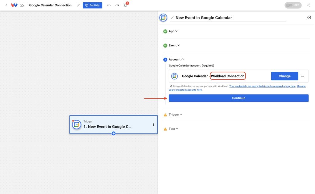 Google Calendar account successfully connected and ready for use in Workload.