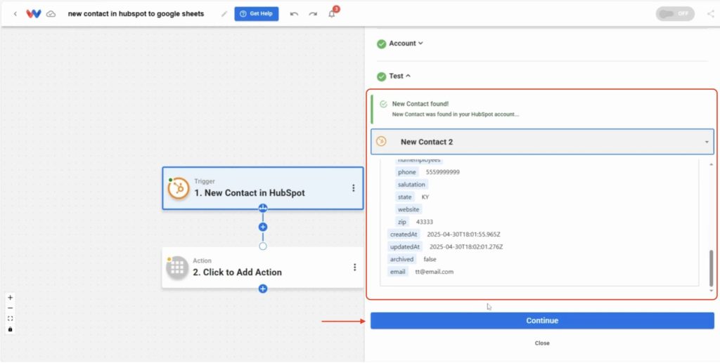 Successful trigger test showing HubSpot contact details ready to pass into Google Sheets.