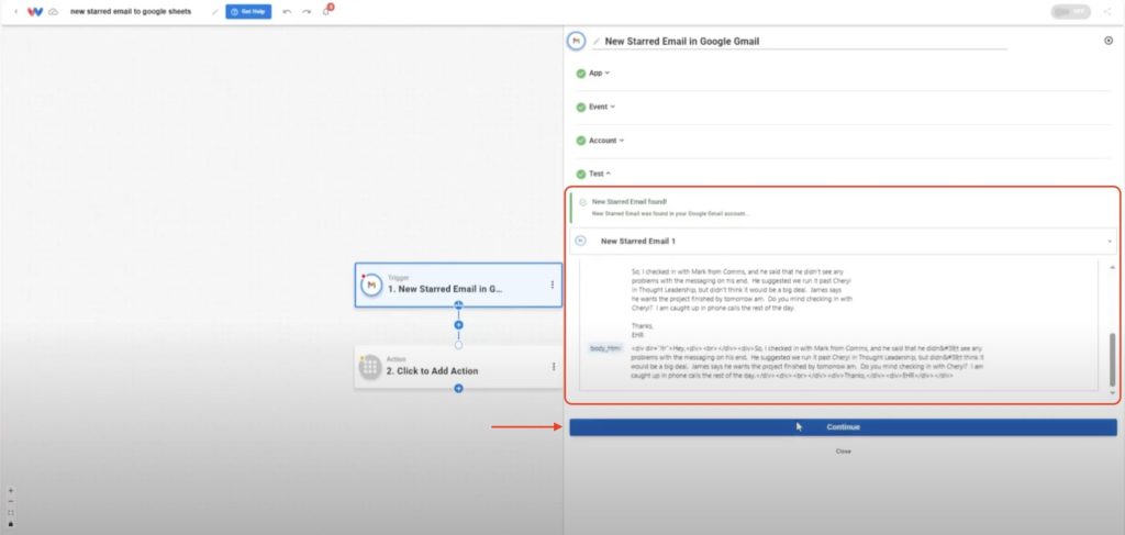 Review the details of a starred Gmail email successfully pulled into the workflow.