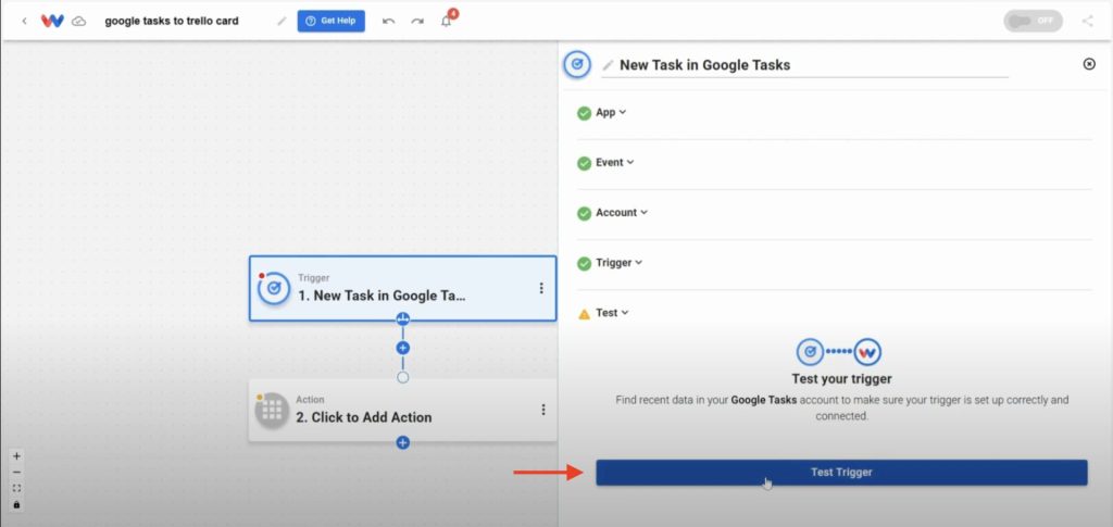 Running a test trigger in Workload for Google Tasks.