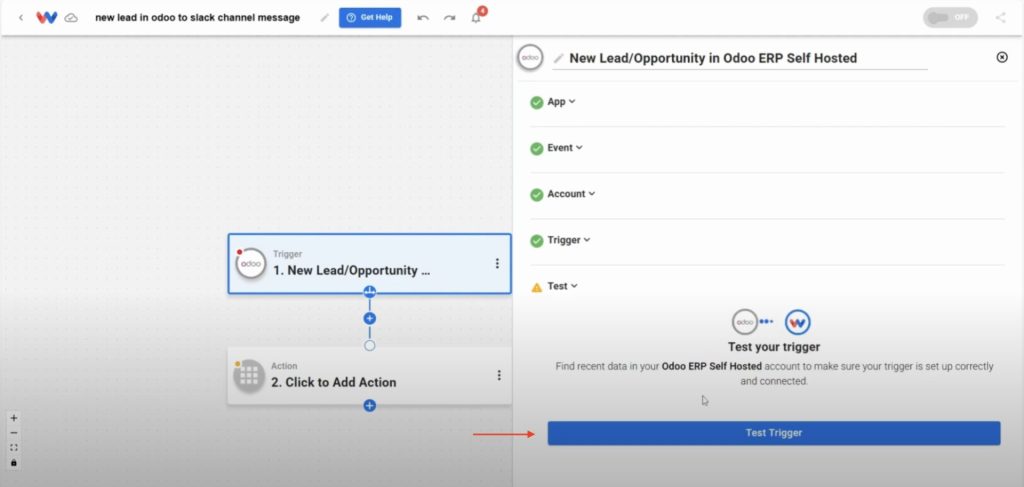 Test Trigger panel prompting to fetch recent Odoo lead data to validate the setup.