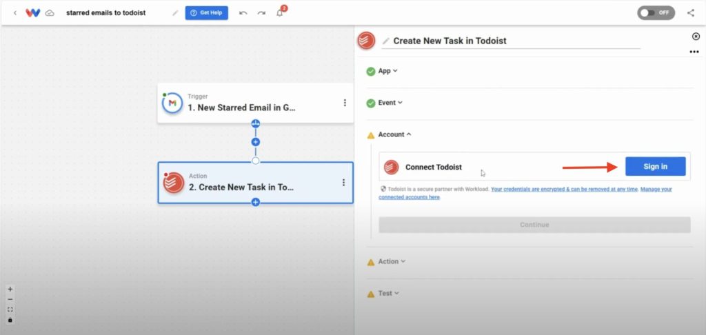 Signing in to connect your Todoist account to Workload for task automation.