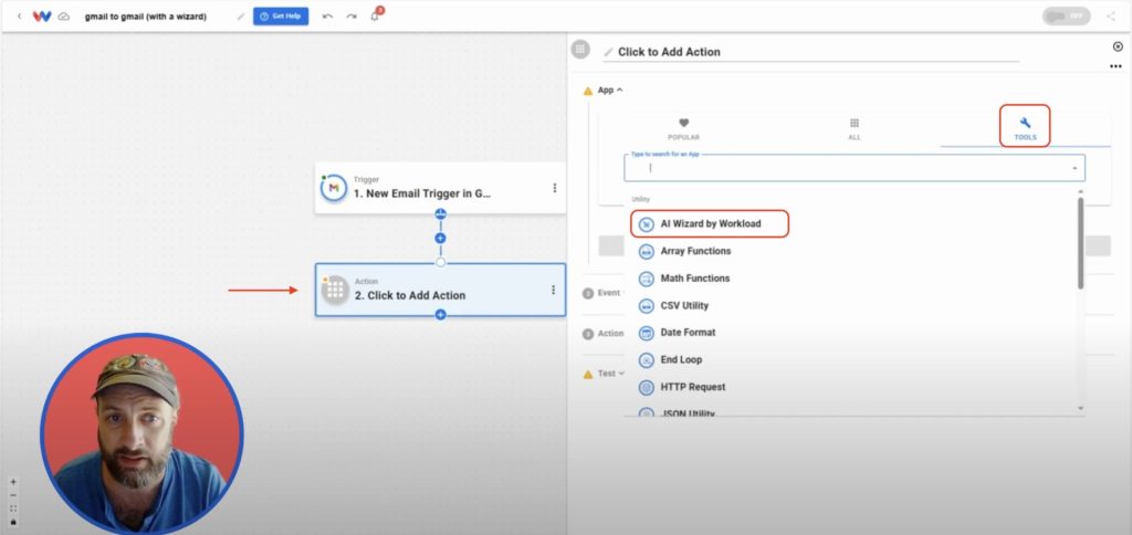 Selecting AI Wizard by Workload from the Tools menu to generate automated email responses.
