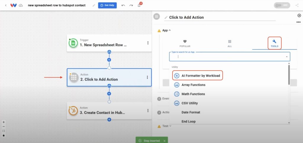 Adding the AI Formatter by Workload to clean data before creating HubSpot Contacts from Google Sheets Rows.