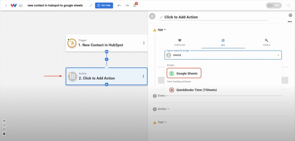 Selecting Google Sheets as the action app in Workload.