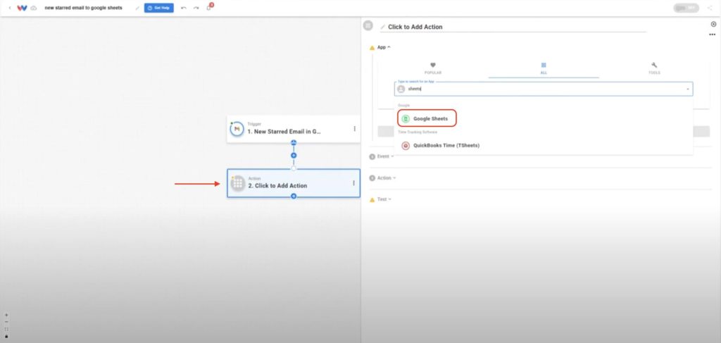 Add an action step and search for Google Sheets to log data from Gmail.