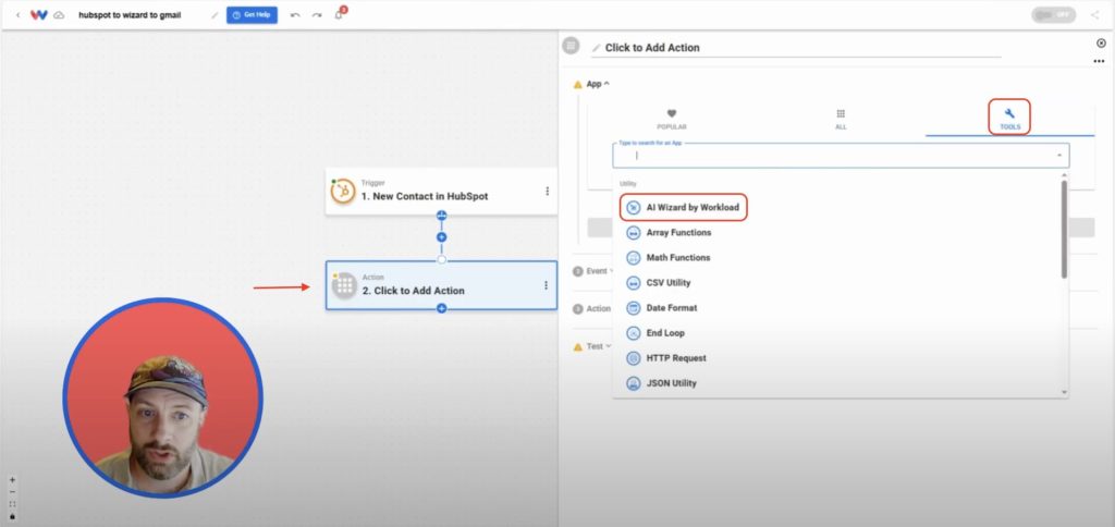 Selecting AI Wizard by Workload as the next action tool in the automation.