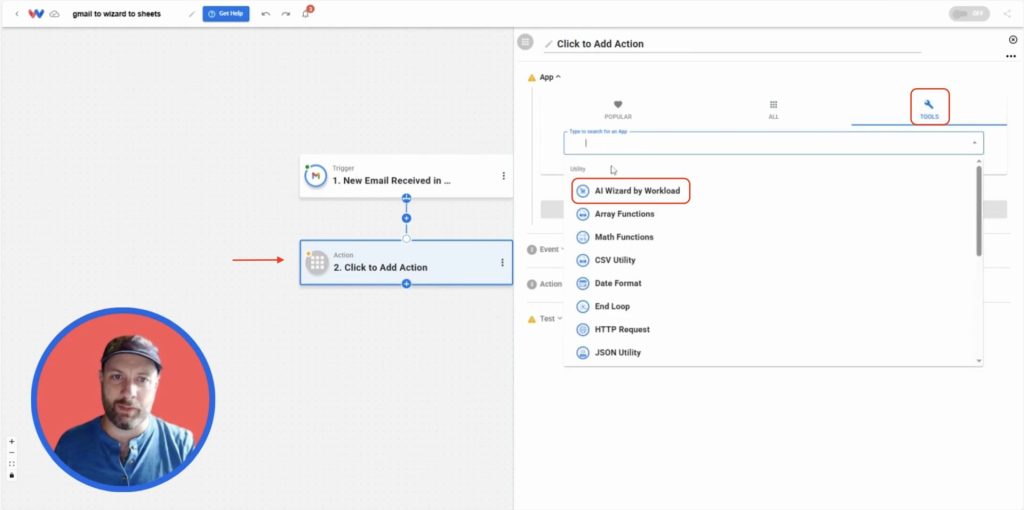 Adding an AI Wizard by Workload action step in the automation editor.