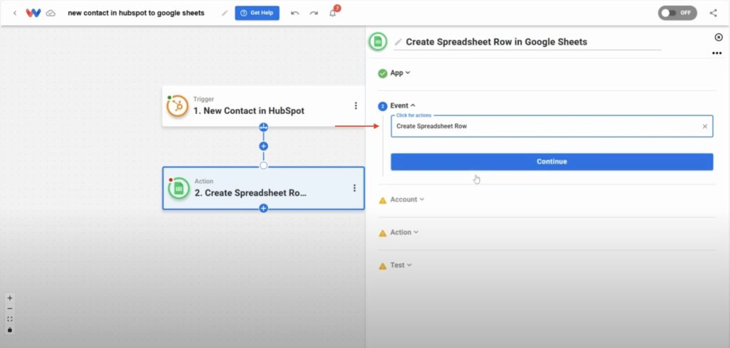 Choosing “Create Spreadsheet Row” as the action event in Google Sheets.