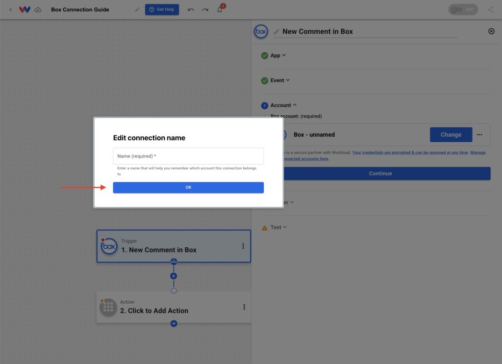 Workload dialog box prompting the user to name their new Box connection for easy identification.