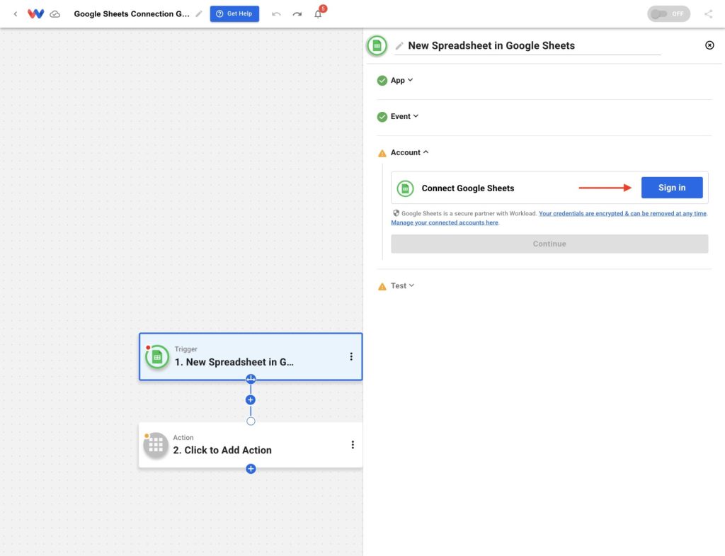 Sign-in screen in Workload showing the option to Link a Google Sheets Account to Workload.