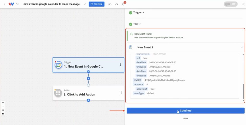 Successful trigger test in Workload showing event data from Google Calendar.