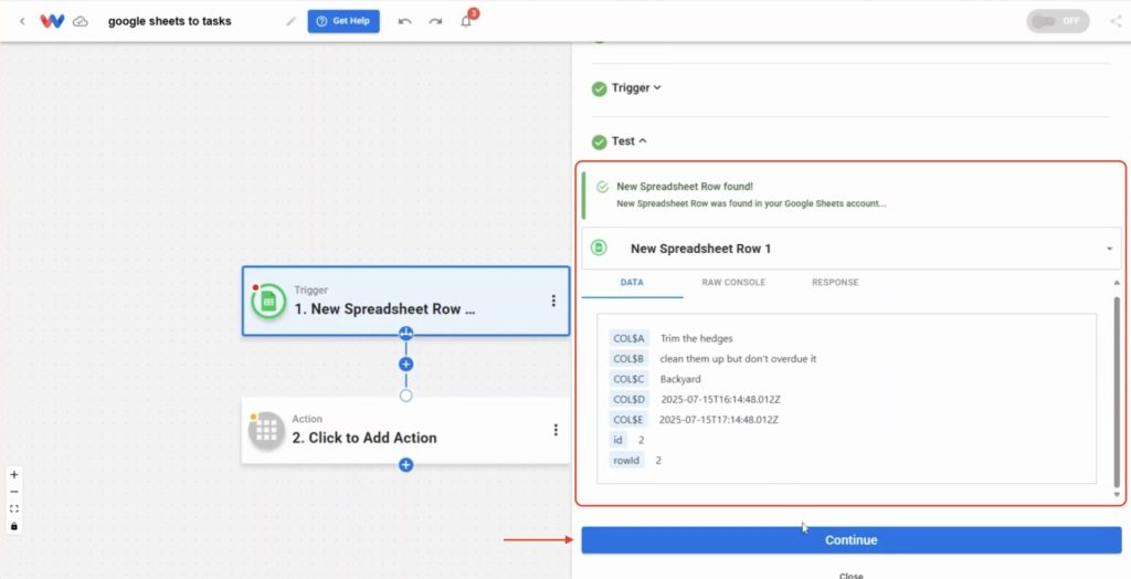 Successful trigger test showing sample spreadsheet row data in Workload.