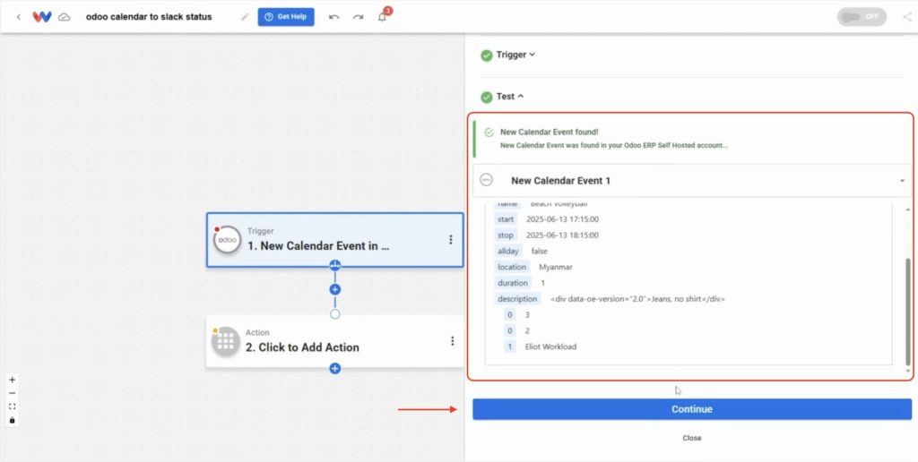 Reviewing a successful trigger test with event details for Slack Status from Odoo.