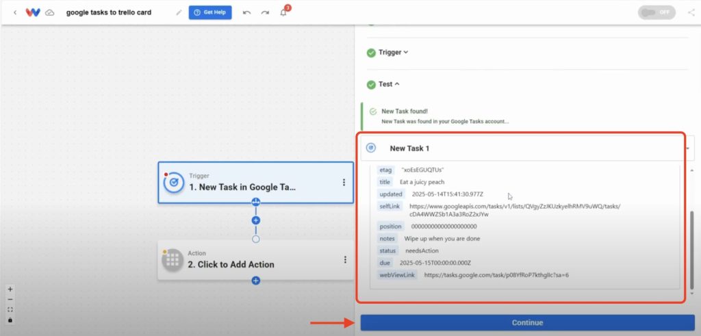 Example test result showing a new Google Task “Eat a juicy peach” to Create Trello Cards from Google Tasks.