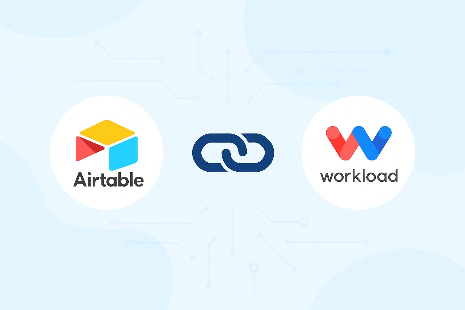 Visual graphic showing the Airtable and Workload logos connected by a dark blue chain link, representing how to connect Airtable to Workload for automations.