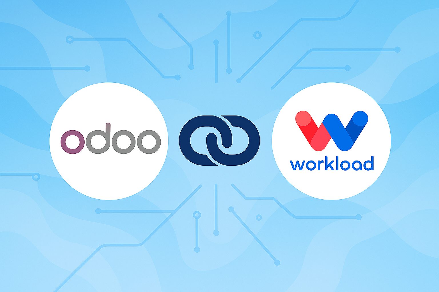 Odoo logo and Workload logo connected by a dark blue chain link icon, set against a light blue background with circuit-like patterns.