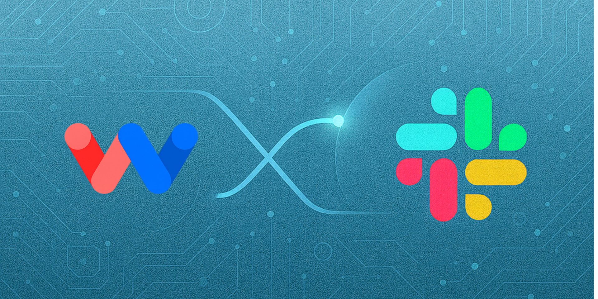 Graphic showing how to connect Slack to Workload with both logos linked by a glowing circuit line