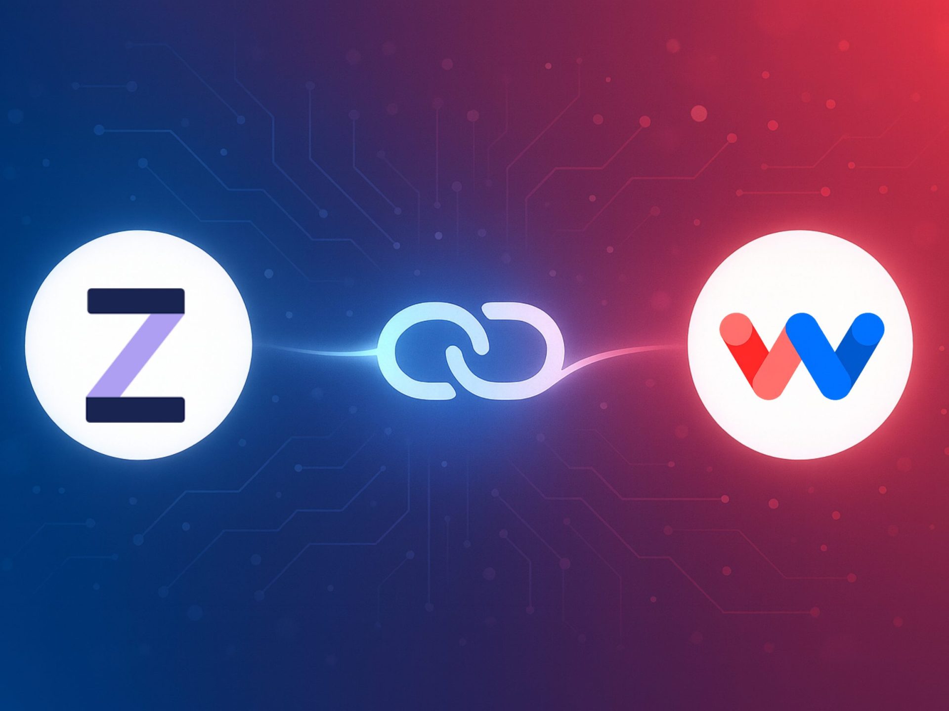 Link Zettle by PayPal to Workload — glowing chain links connect two white logo circles on a blue-to-red tech gradient background.