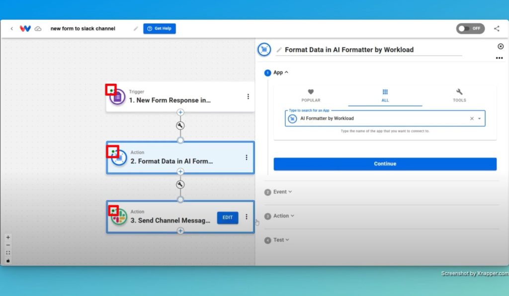 Make sure each node is green to automate Google Forms and Slack with AI by Workload.