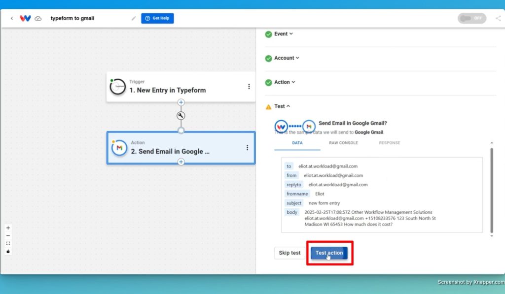 Test the Gmail action step to complete the "Automate Emails with Typeform and Gmail" integration.