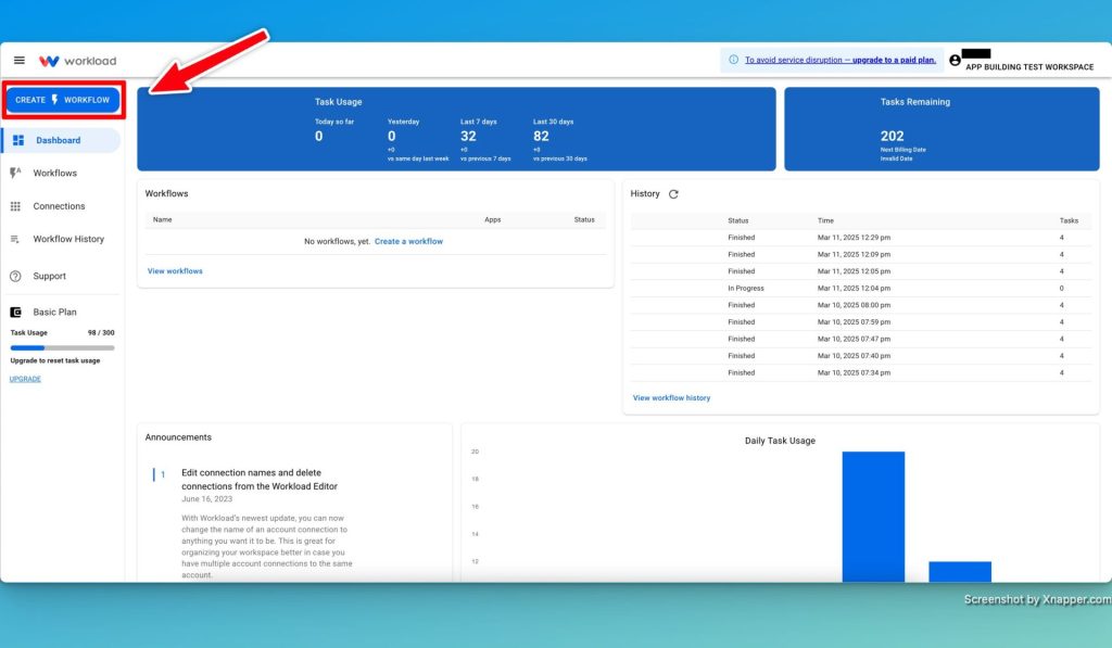 Click "Create Workflow" in Workload to start building your Google No-Code Sheets to Calendar Sync workflow.