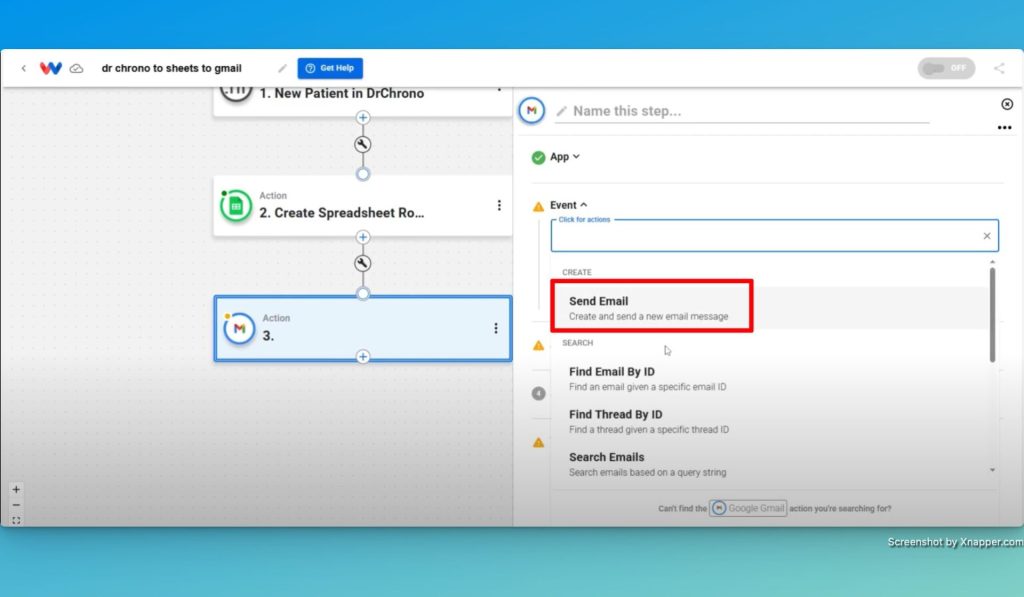 Select the action event "Send Email" in Gmail.
