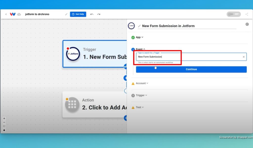 Select the "New Form Submission" trigger event in Jotform.