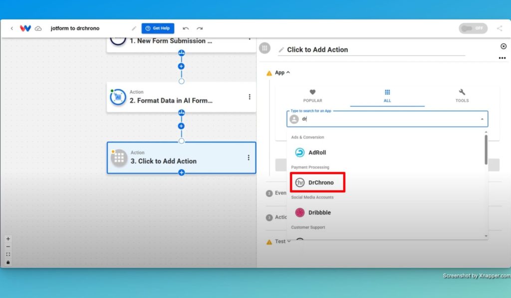 Create a Step 3 action and choose "DrChrono" as the action app.