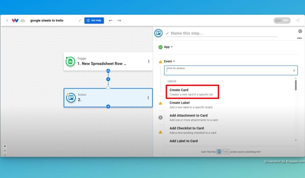 Add an action step by selecting "Create Card" in the Trello app.