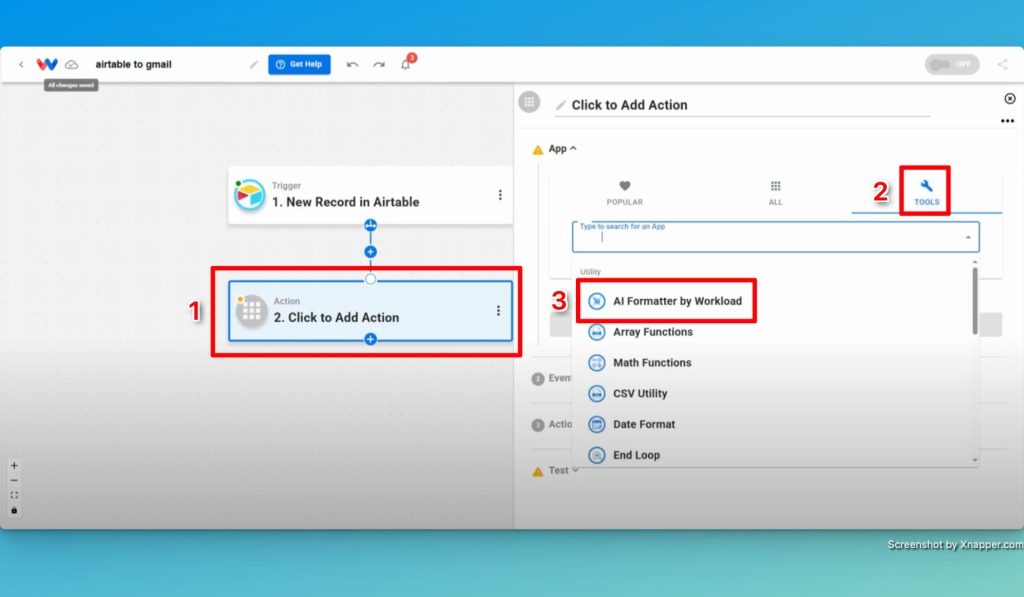 Create an action step by clicking in Step 2. Now, click the TOOLS menu and then choose AI Formatter by Workload.