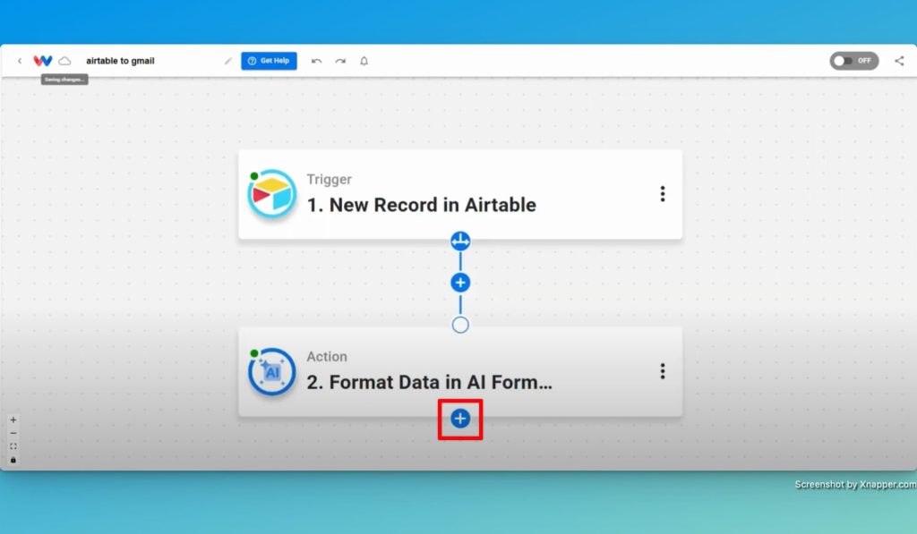 Add a new step to the end of the workflow by clicking the blue "+" button.