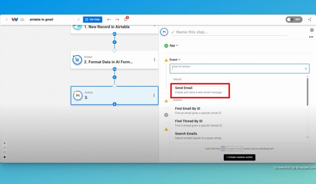 Choose the action event "Send Email".