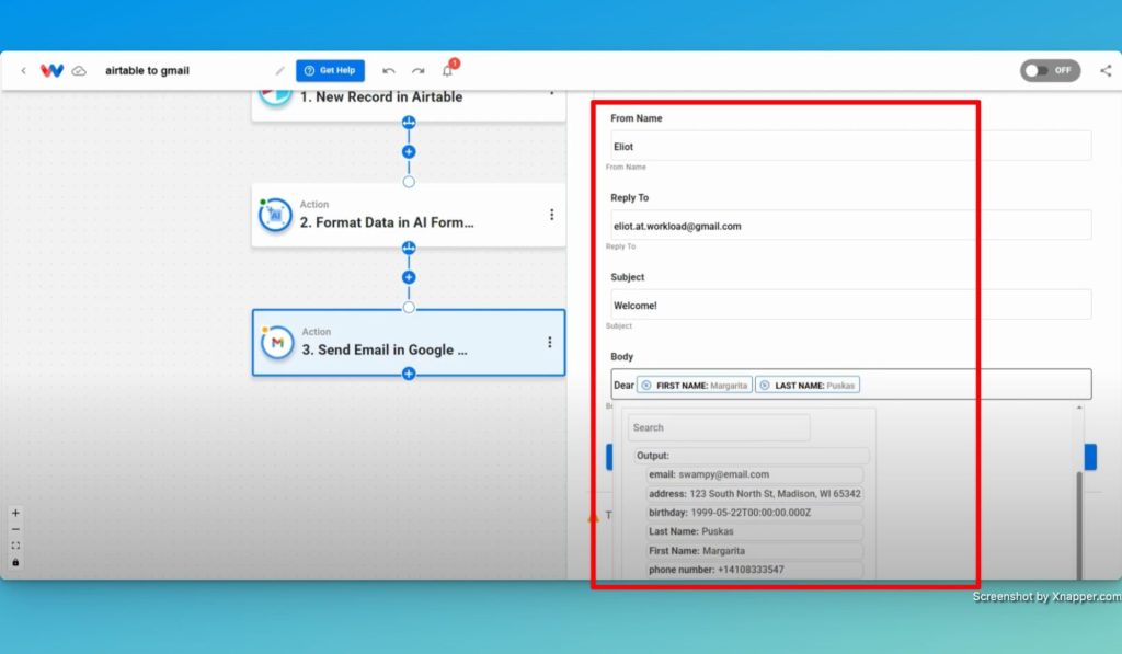 Map the data from the trigger and AI Formatter steps into your Gmail email.