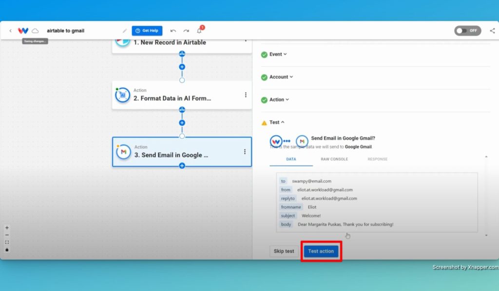 Test the "Send Email" step.