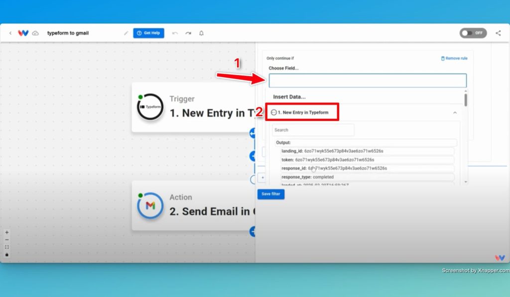 Click in the "Choose Field..." box and then click on the step response title that contains the field you want to filter based on.