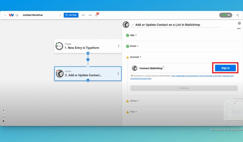 Securely connect your app account to Workload so that you can add steps and paths to a workflow.