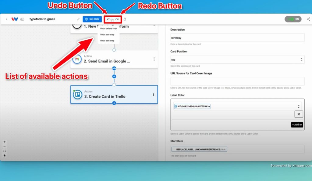 Example of Undo and Redo Buttons used to fix workflow mistakes