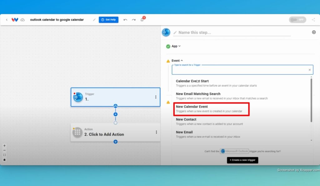 Select the Outlook trigger event "New Calendar Event".