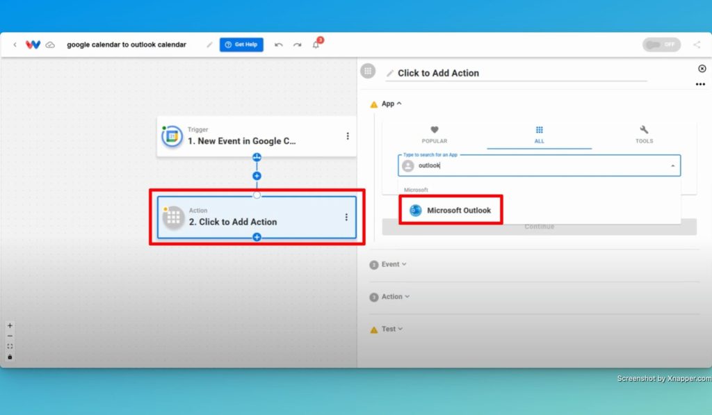 Select Microsoft Outlook as the Step 2 action app.