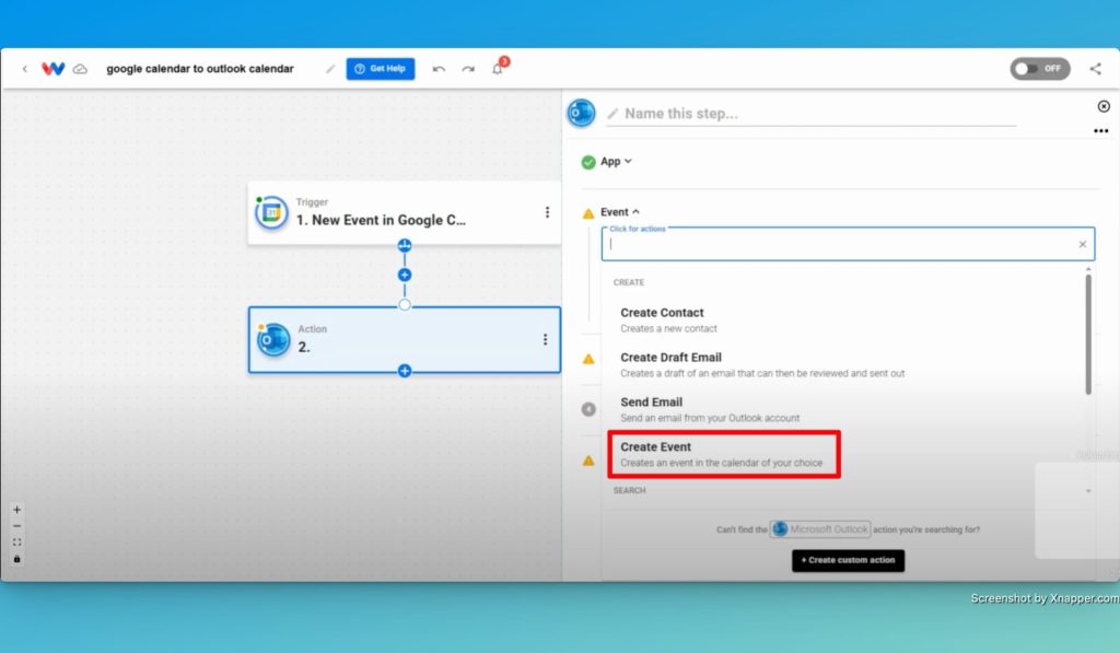 Click on "Create Event" as the action event.